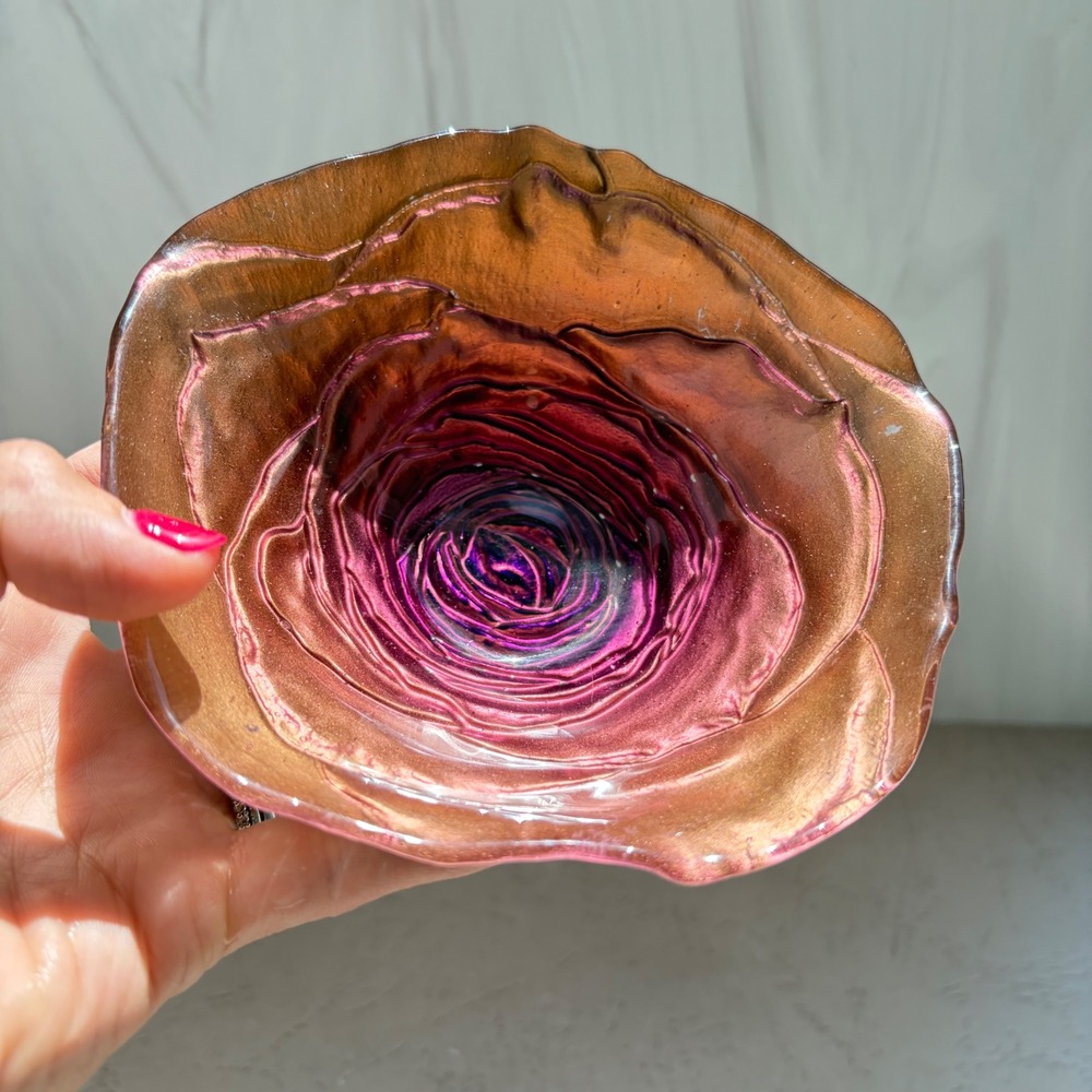 Handmade Resin Rose Petal Bowl Magenta and Gold Metallic Floral Catchall 5.5in
